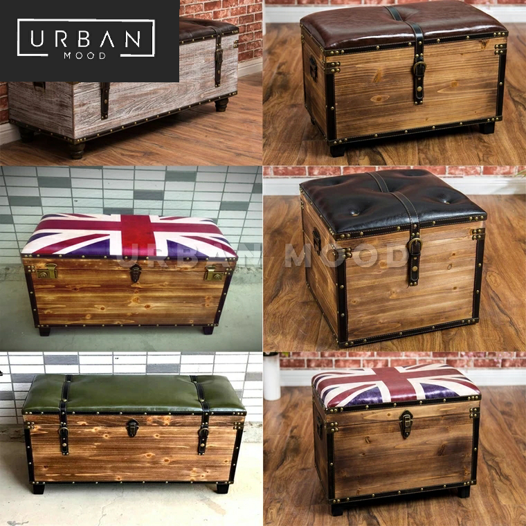 DENTON Vintage Solid Wood Storage Ottoman