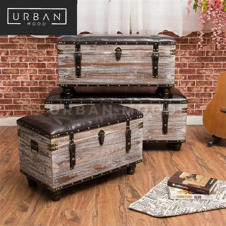 DENTON Vintage Solid Wood Storage Ottoman