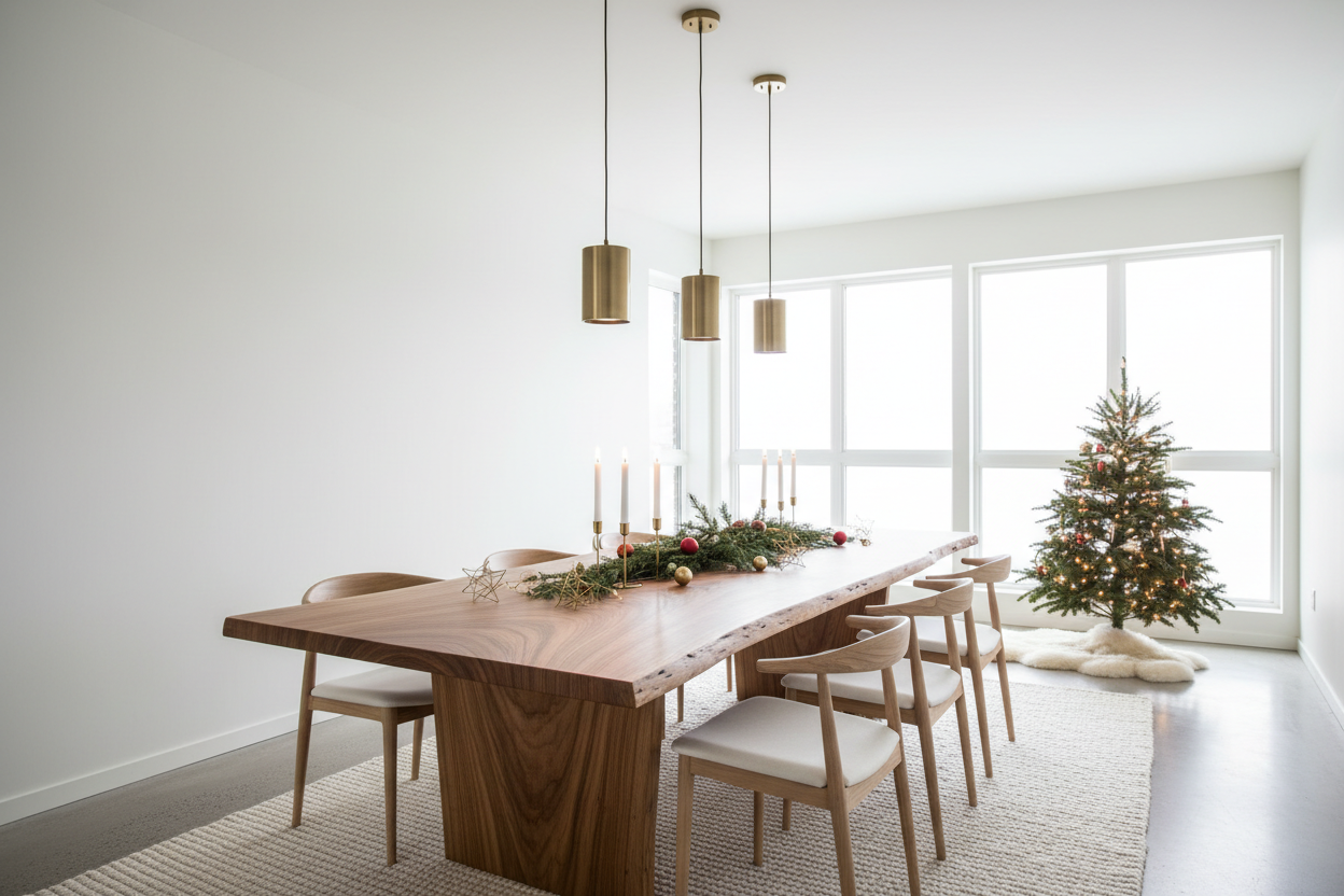 Modern Scandinavian Dining Room with live edge solid wood table as the main focus, with Holiday Festive Decoration