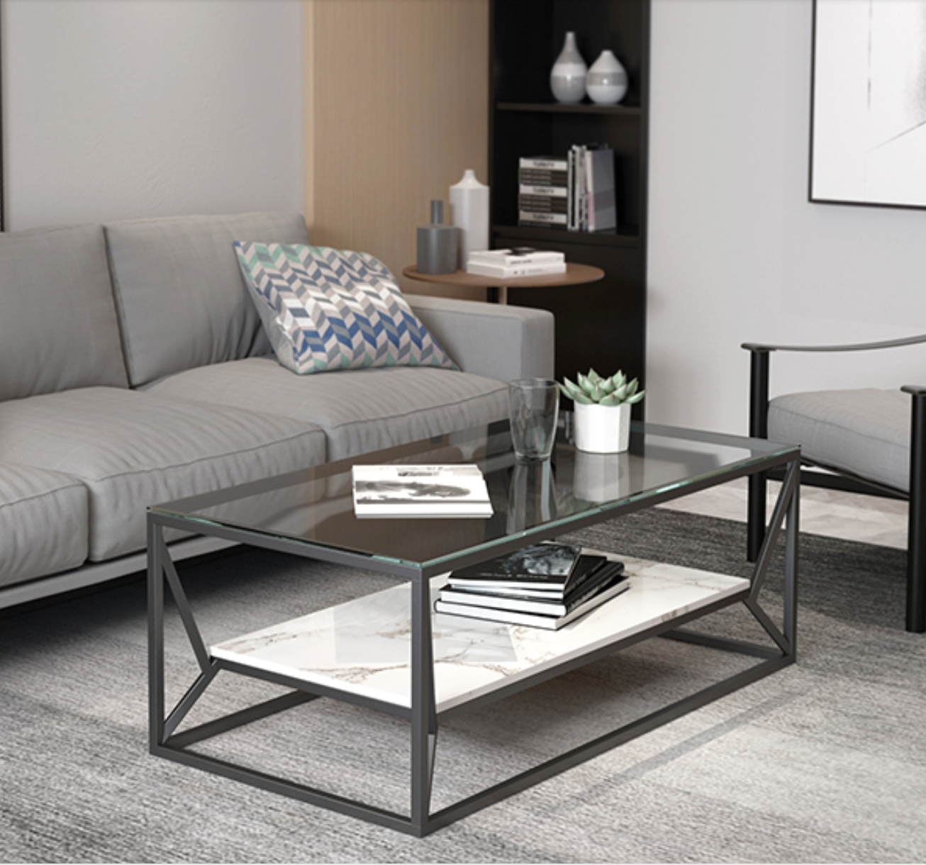 Modern Industrial Glass Top Coffee Table