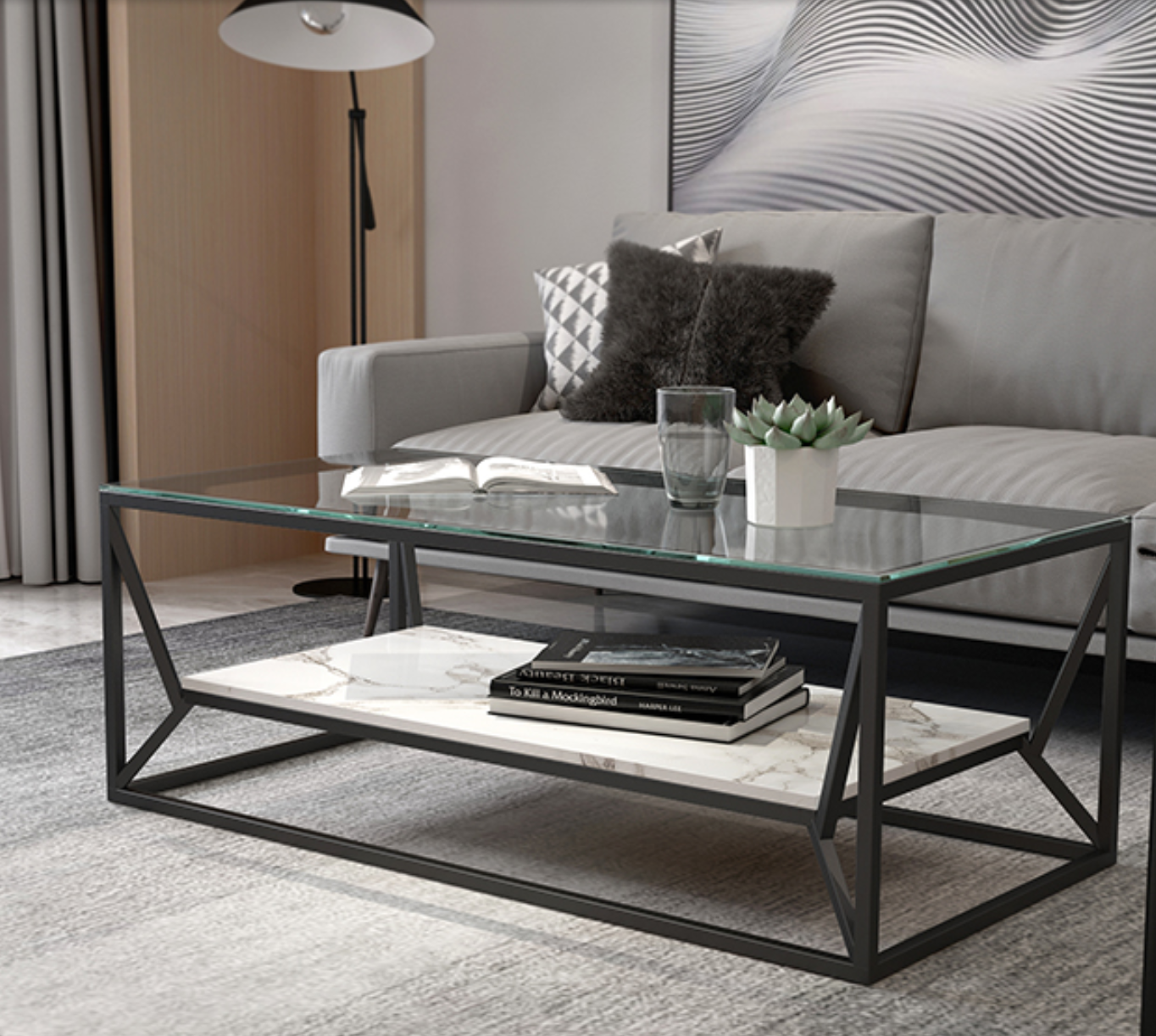 Modern Industrial Glass Top Coffee Table