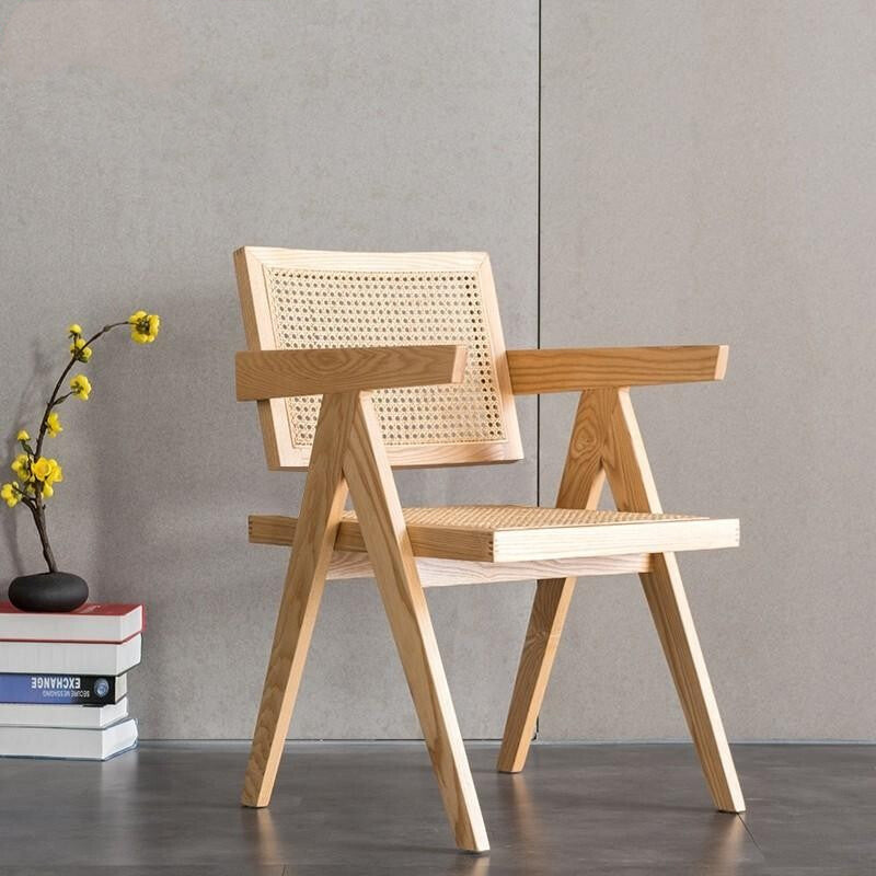 Rowan RITZ Chair Rattan with Armrest Nordic Solid Wood Walnut, Natural Color