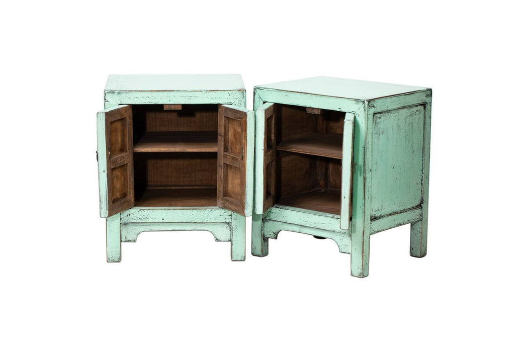 Pair of Royal Seafoam Green 2 Door Chinese Bedside Cabinets