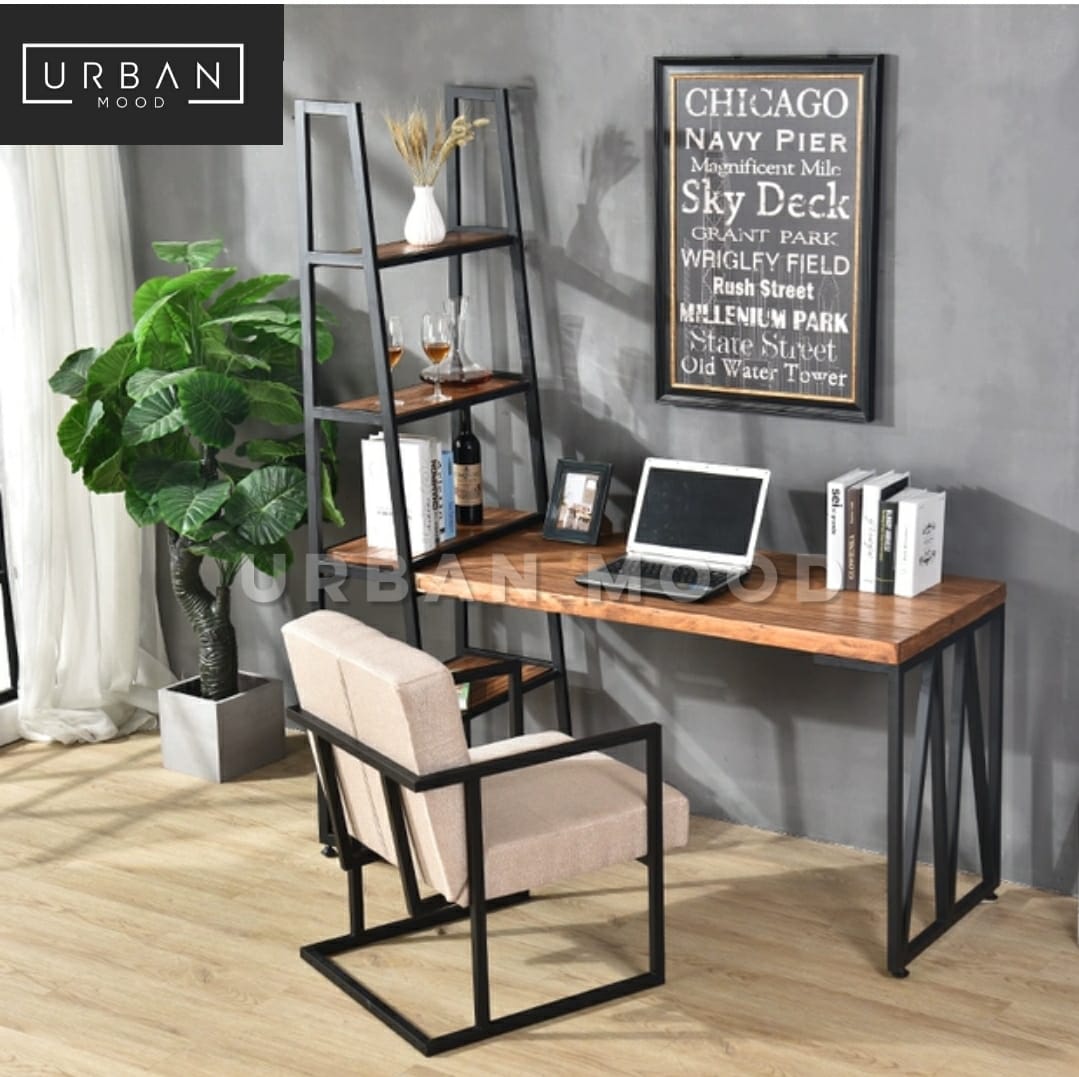 KOBANE Industrial Solid Wood Study Table with Ladder Shelf