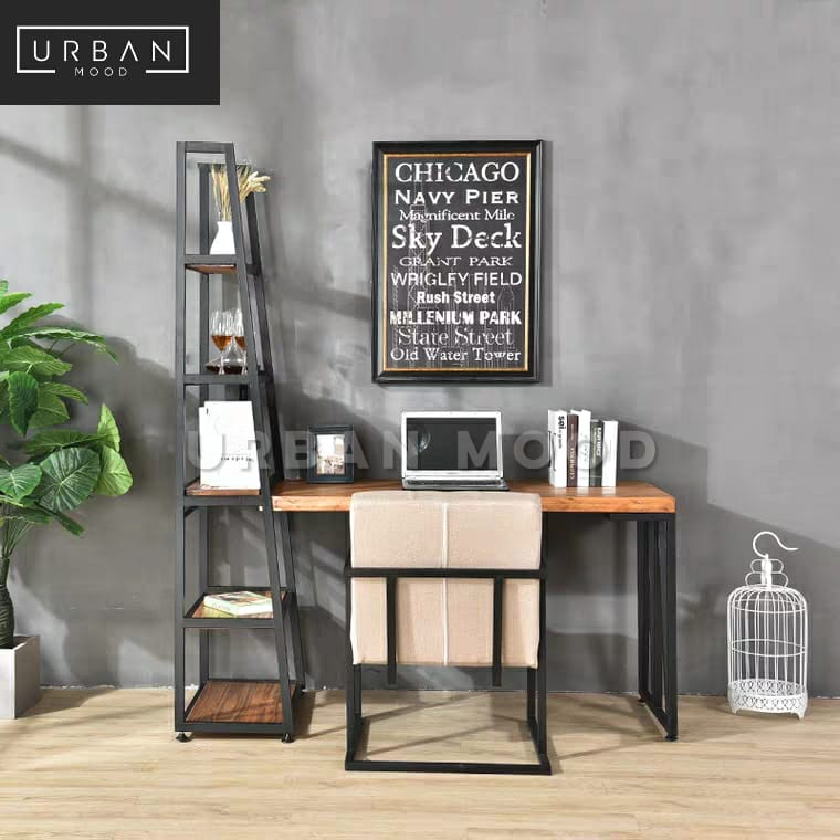 KOBANE Industrial Solid Wood Study Table with Ladder Shelf