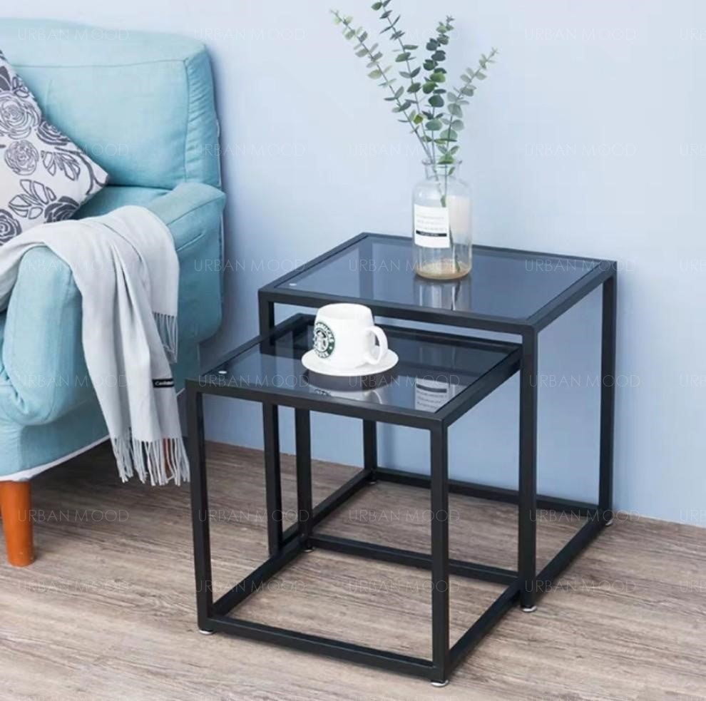 MARCIEL Modern Industrial Tempered Glass Side Table