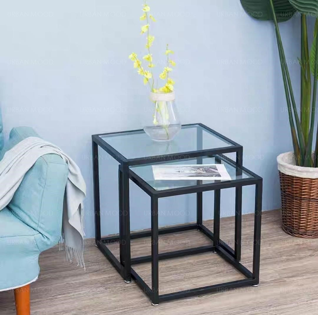 MARCIEL Modern Industrial Tempered Glass Side Table