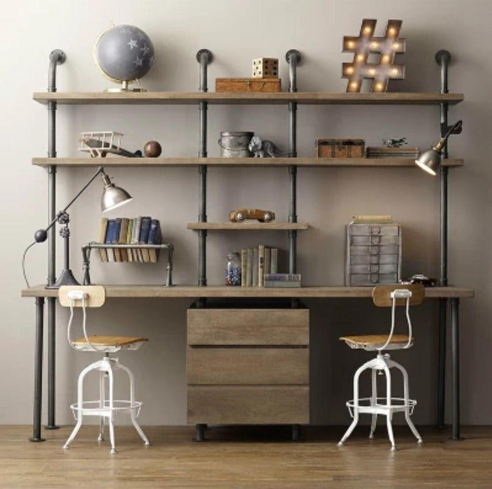 PIPER Modern Industrial Solid Wood Study Table + Shelves