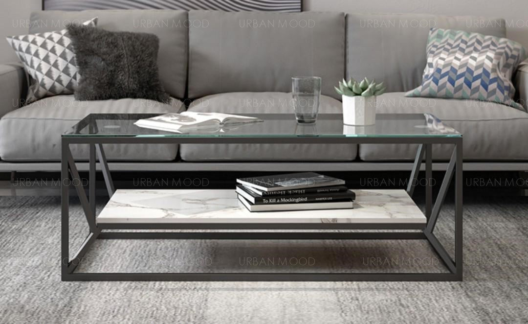 RILEY Modern Industrial Glass Top Coffee Table