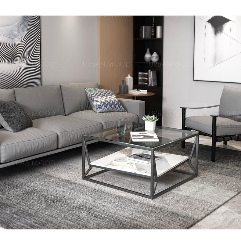 RILEY Modern Industrial Glass Top Coffee Table