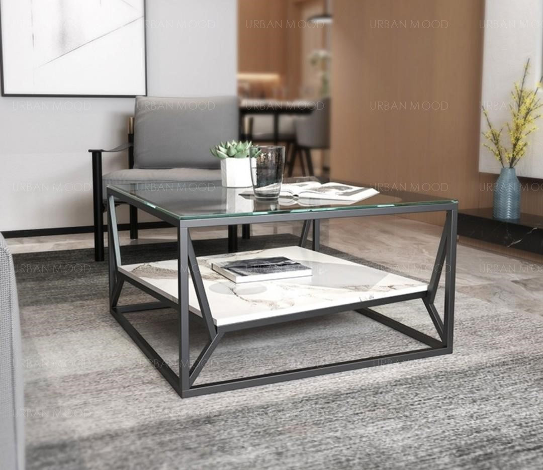 RILEY Modern Industrial Glass Top Coffee Table