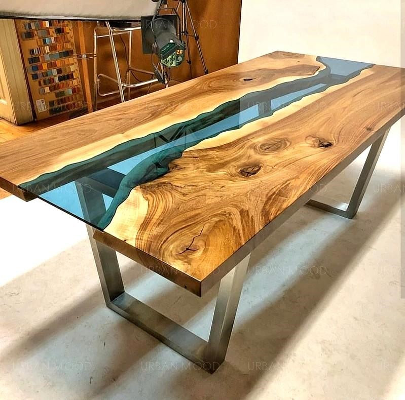 RUBEN Solid Suar Wood Epoxy River Dining Office Table